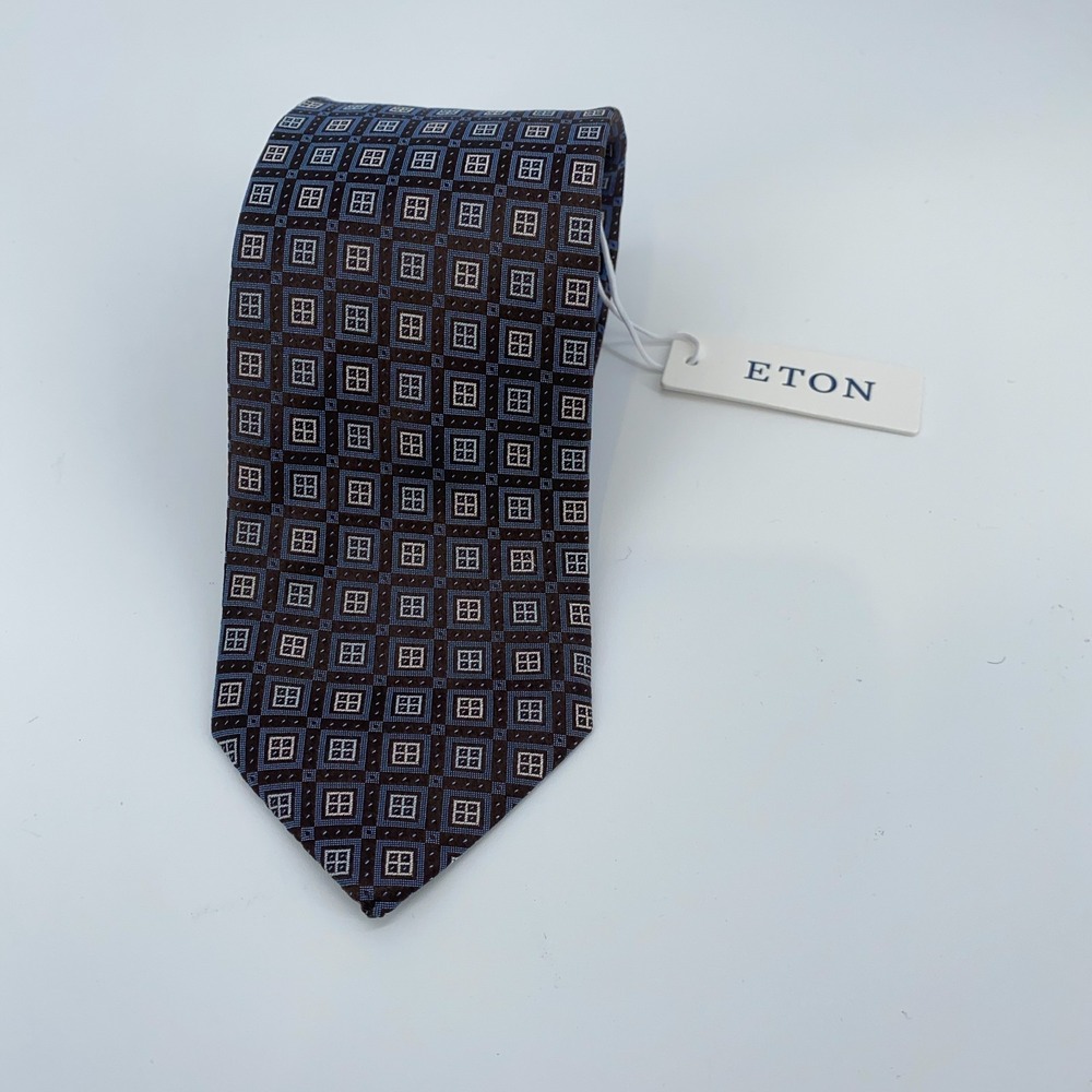 Eton Tie Men One Size Black Blue Patterned Professional Necktie England Made NWT